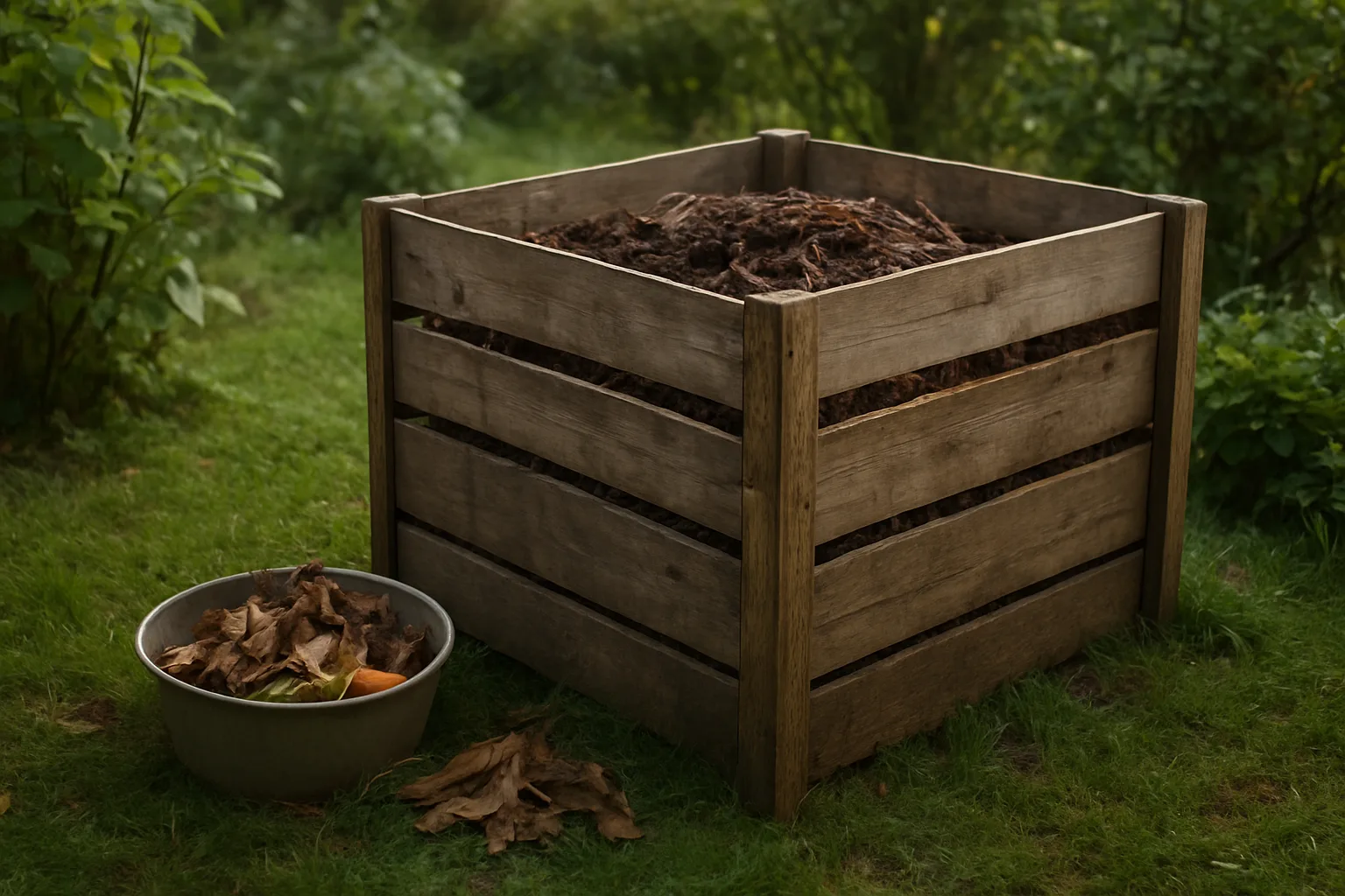 Un bac à compost en bois installé dans un petit jardin, près de feuilles mortes.