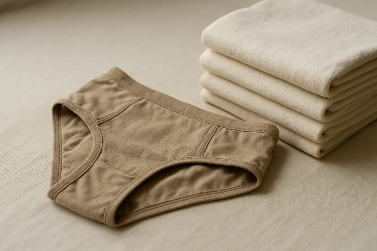 Culotte menstruelle pliée à côté de linge propre sur une surface claire.