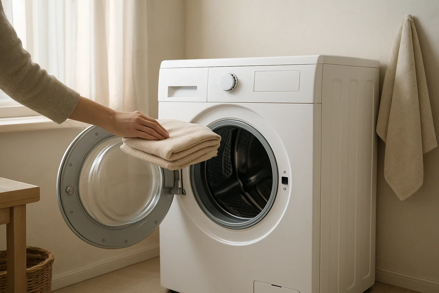 Un lave-linge à hublot dans une buanderie claire, avec du linge plié à proximité.