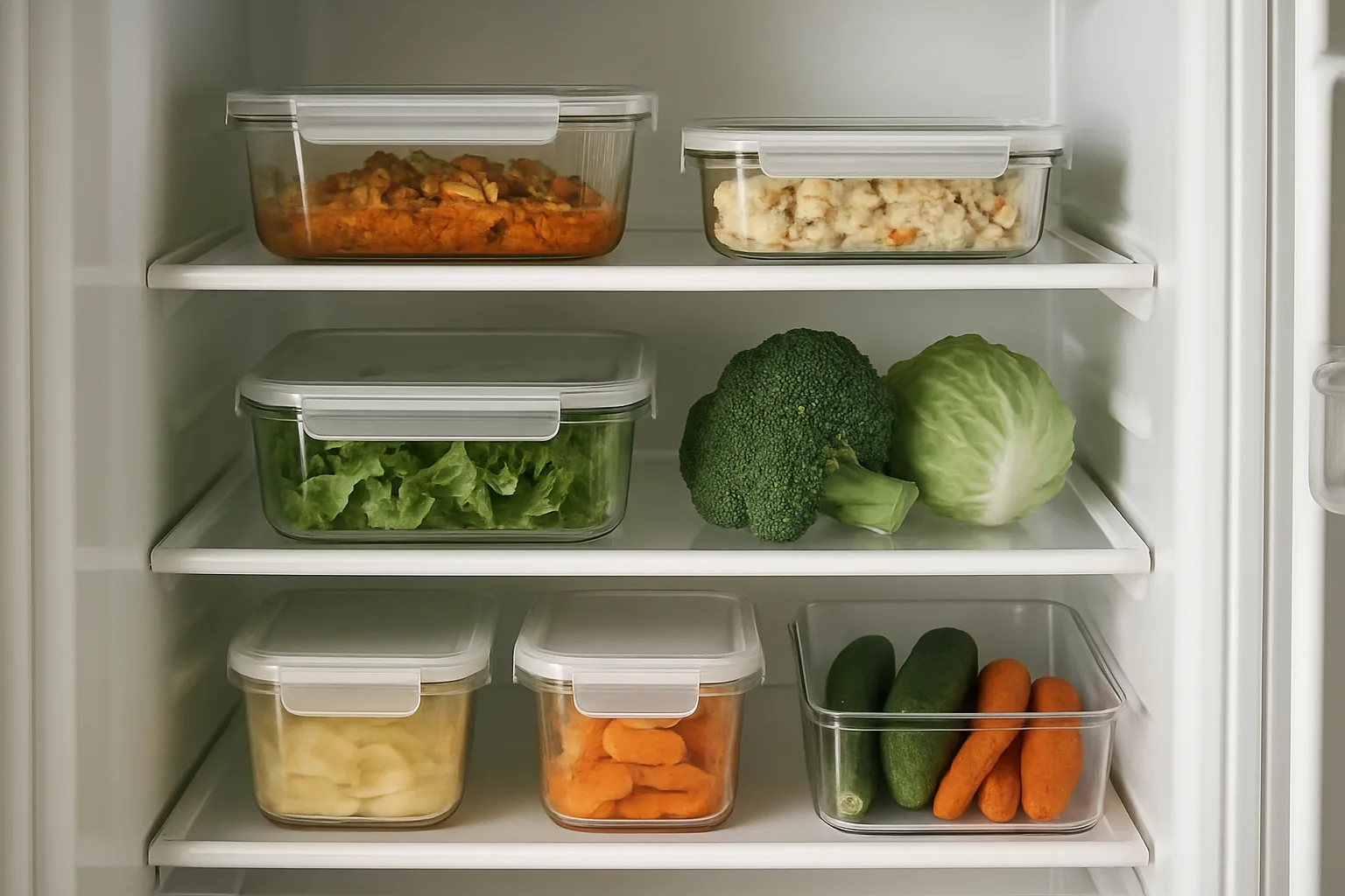 Réfrigérateur bien organisé avec des légumes frais et des contenants fermés pour conserver les restes.