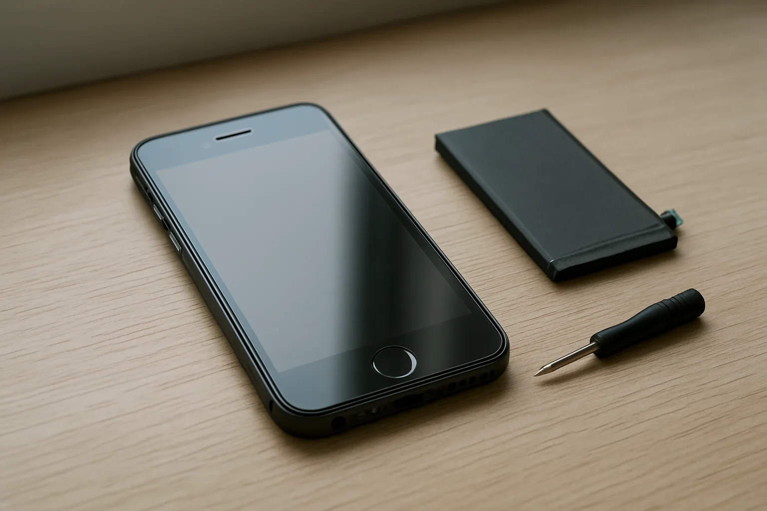 Smartphone reconditionné posé à côté d’un petit outil de réparation et d’une batterie.